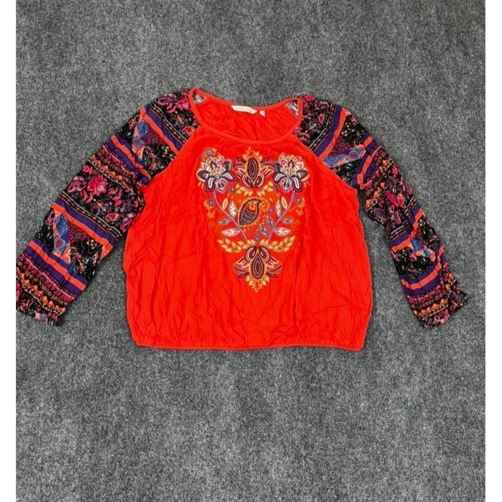 Soft Surroundings Rio Orange Red Floral Embroidery Floral LongSleeve Top Size XL